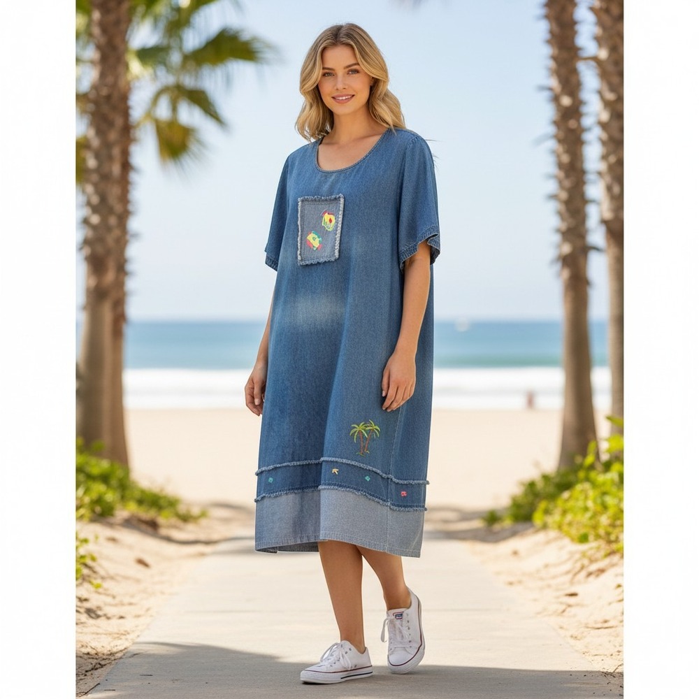 Lasting Comfort 1X Blue Denim MIDI Dress Tropical Fish Palm Tree Embroidered